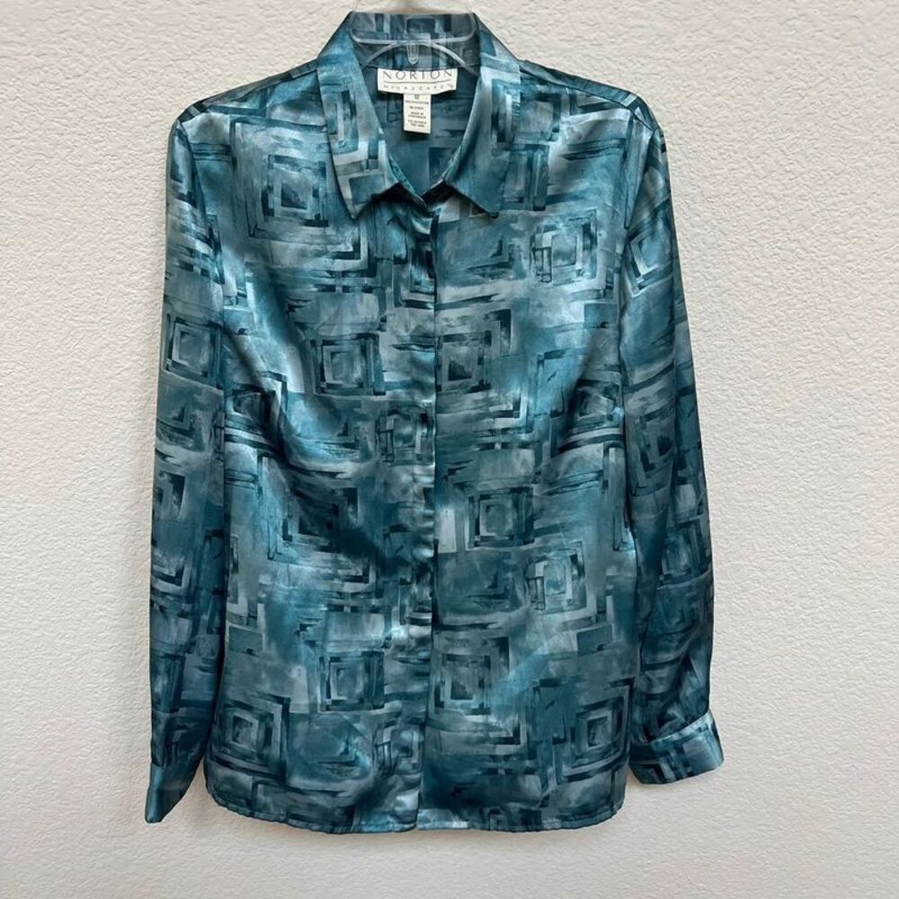 Vintage 90s Norton McNaughton Teal Geometric Blouse Size 12 Dark academia Retro